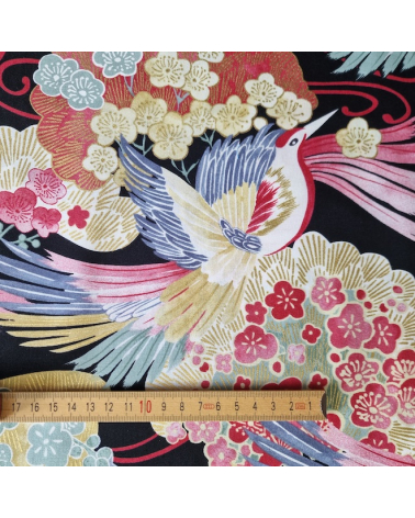 Japanese fabric colorful birds and ume in black.