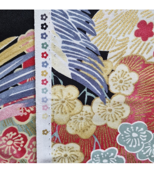 Japanese fabric colorful birds and ume in black.