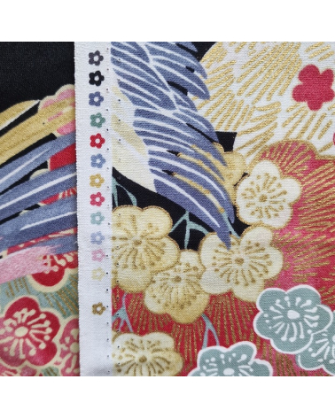 Japanese fabric colorful birds and ume in black.