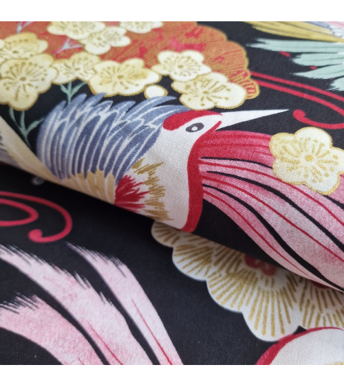 Japanese fabric colorful birds and ume in black.
