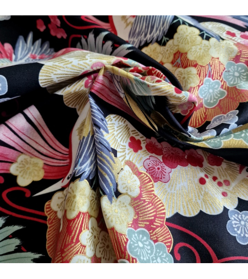 Japanese fabric colorful birds and ume in black.