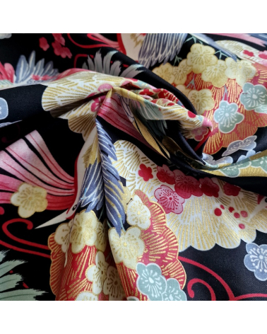 Japanese fabric colorful birds and ume in black.