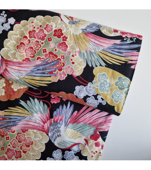 Japanese fabric colorful birds and ume in black.