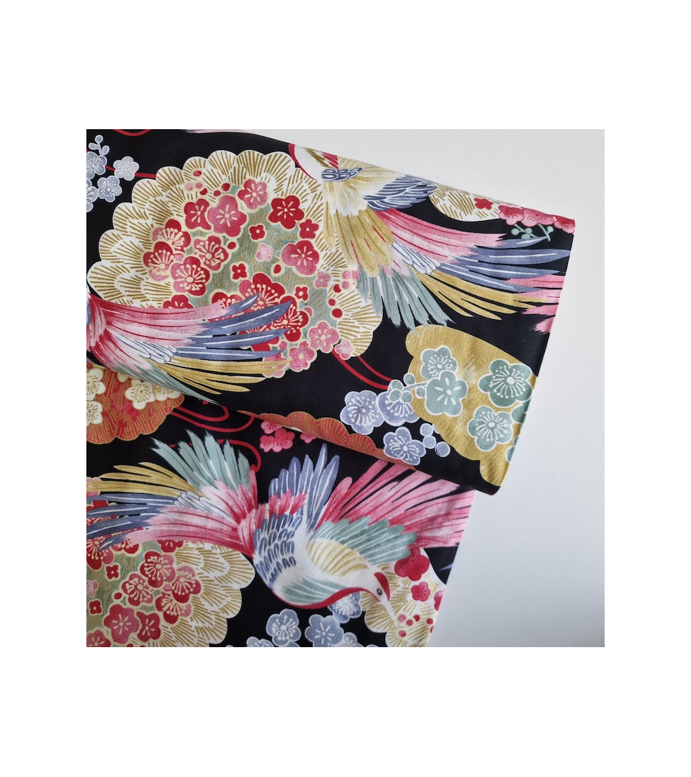Japanese fabric colorful birds and ume in black.