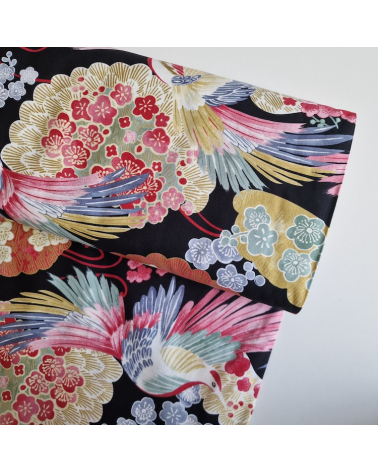 Japanese fabric colorful birds and ume in black.