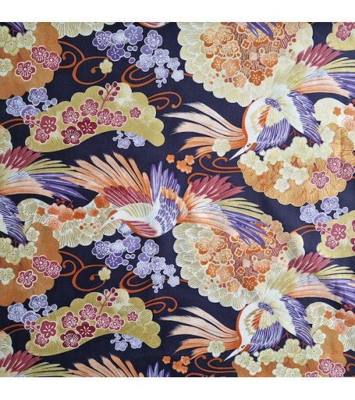 Japanese fabric colorful birds and ume in violet.