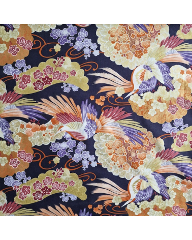 Japanese fabric colorful birds and ume in violet.