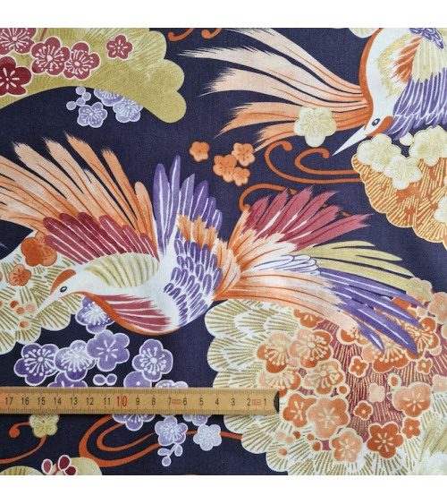 Japanese fabric colorful birds and ume in violet.