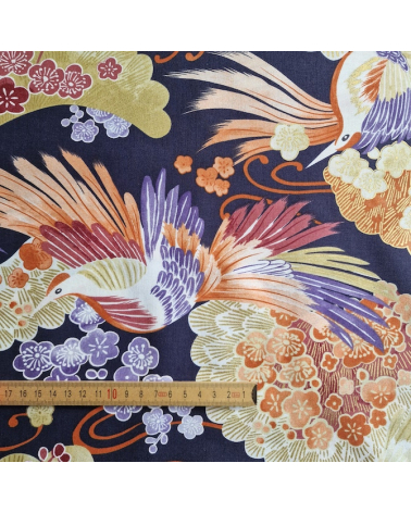 Japanese fabric colorful birds and ume in violet.