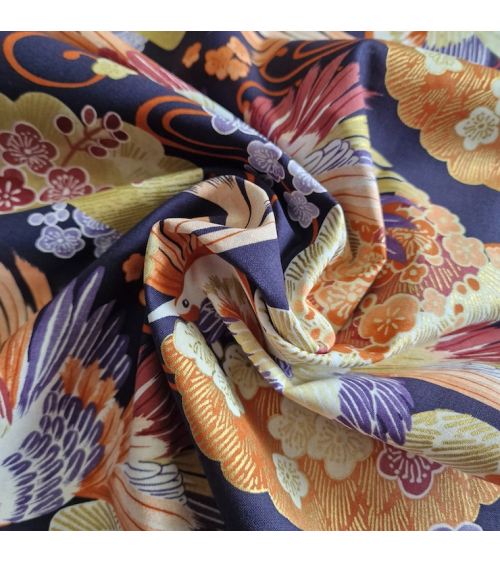 Japanese fabric colorful birds and ume in violet.