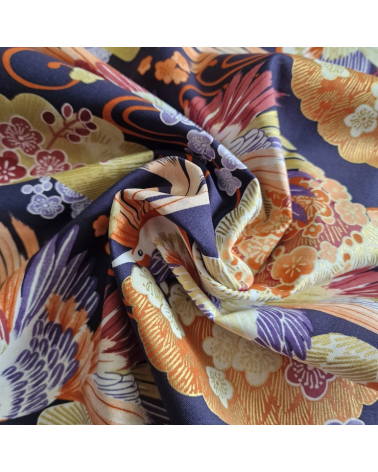 Japanese fabric colorful birds and ume in violet.