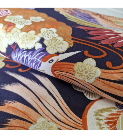 Japanese fabric colorful birds and ume in violet.