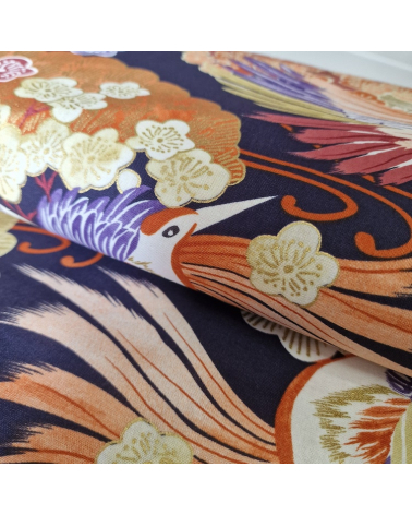 Japanese fabric colorful birds and ume in violet.