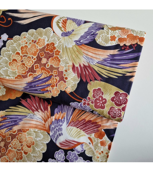 Japanese fabric colorful birds and ume in violet.