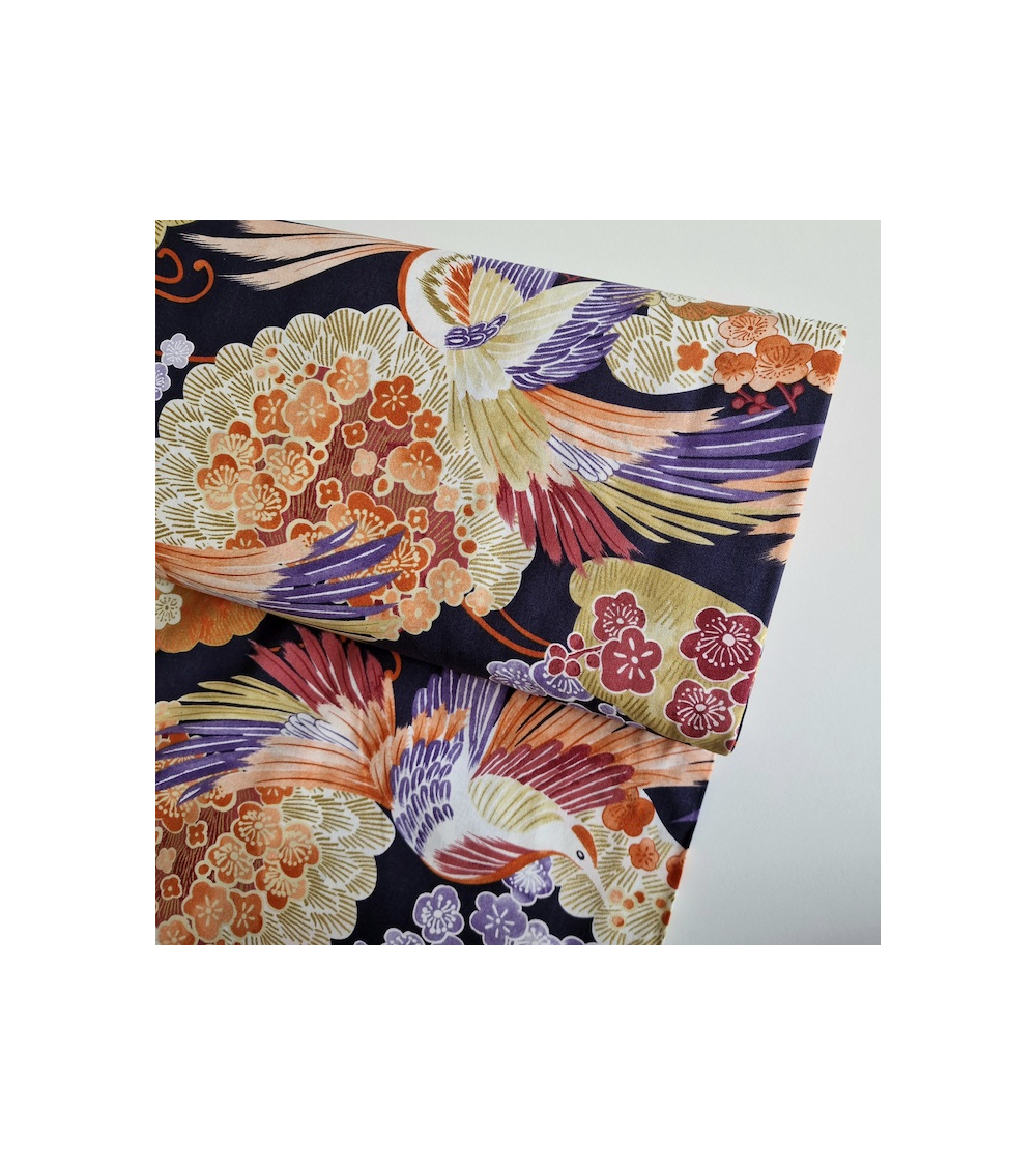 Japanese fabric colorful birds and ume in violet.