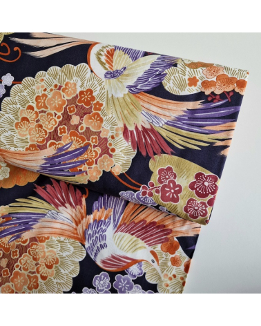Japanese fabric colorful birds and ume in violet.