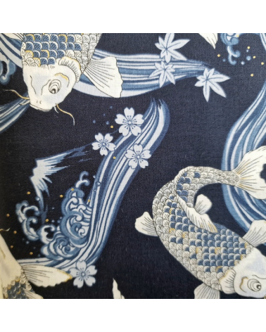 Japanese fabric Koi swimming up the stream in shades of blue.