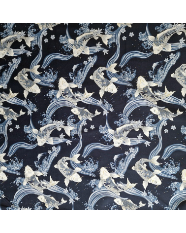 Japanese fabric Koi swimming up the stream in shades of blue.