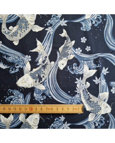 Japanese fabric Koi swimming up the stream in shades of blue.