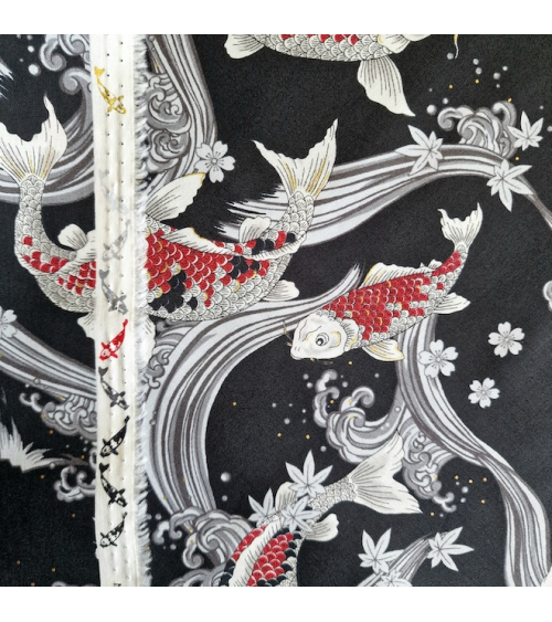 Japanese fabric Red Koi swimming up the stream in black.