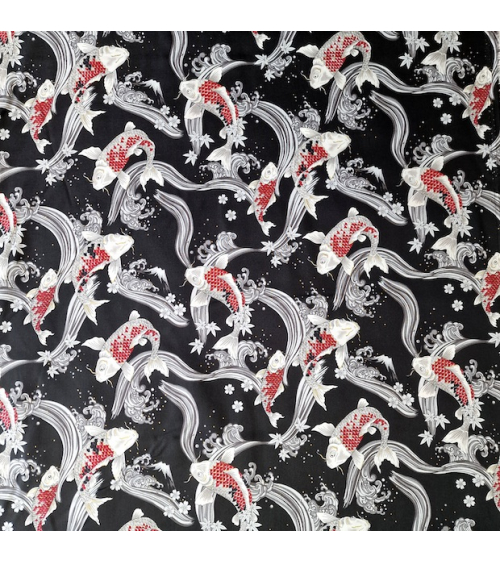 Japanese fabric Red Koi swimming up the stream in black.