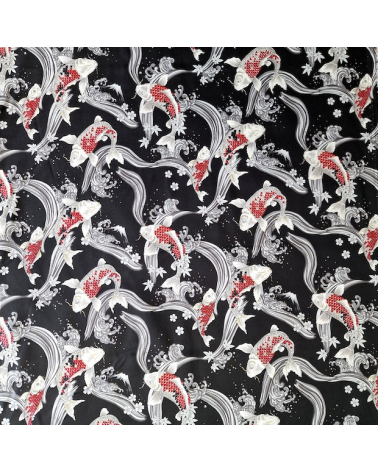 Japanese fabric Red Koi swimming up the stream in black.