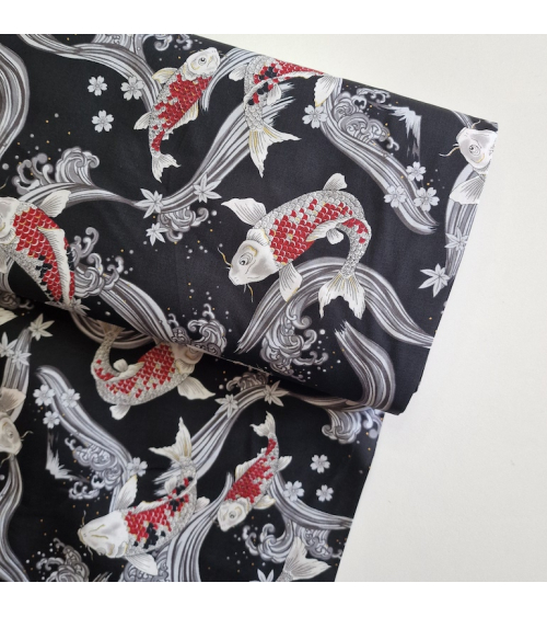 Japanese fabric Red Koi swimming up the stream in black.