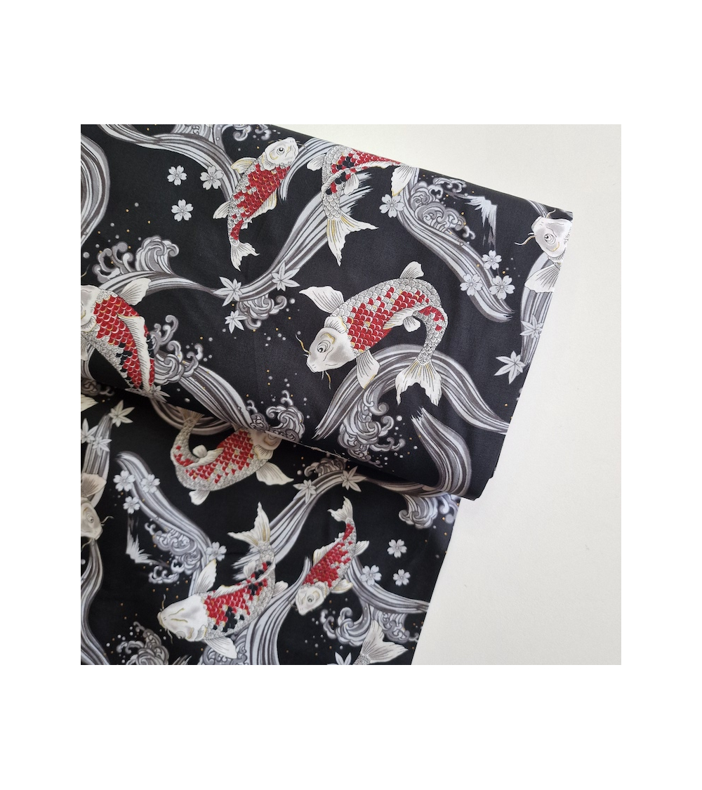 Japanese fabric Red Koi swimming up the stream in black.