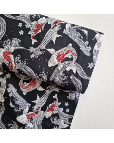 Japanese fabric Red Koi swimming up the stream in black.