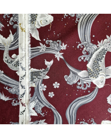 Japanese fabric Koi swimming up the stream in burgundy.