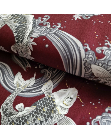 Japanese fabric Koi swimming up the stream in burgundy.