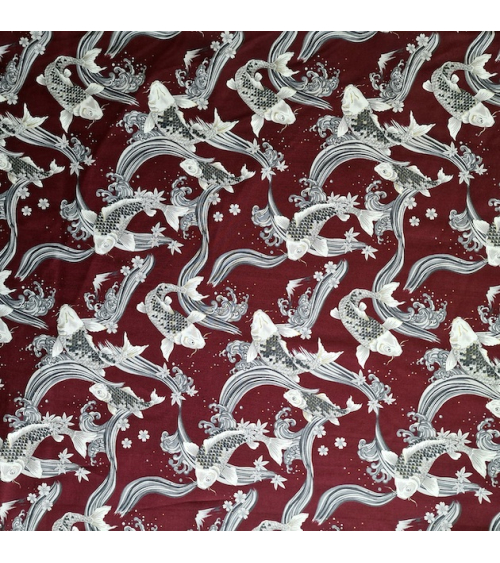 Japanese fabric Koi swimming up the stream in burgundy.