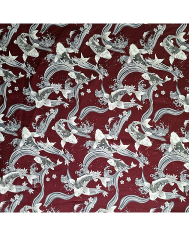 Japanese fabric Koi swimming up the stream in burgundy.