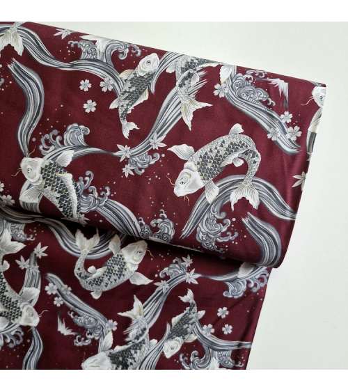 Japanese fabric Koi swimming up the stream in burgundy.