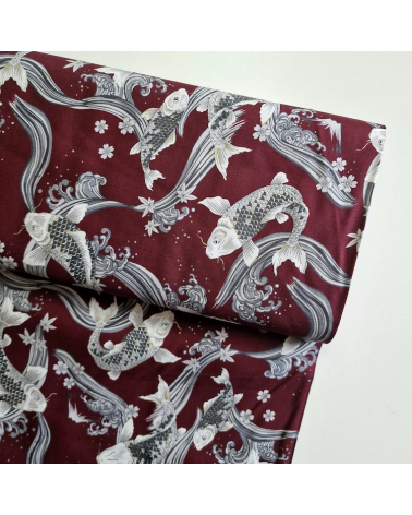 Japanese fabric Koi swimming up the stream in burgundy.