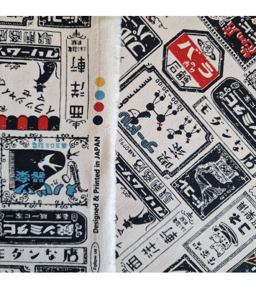 Japanese canvas fabric Retro Labels in natural white. 100% cotton.