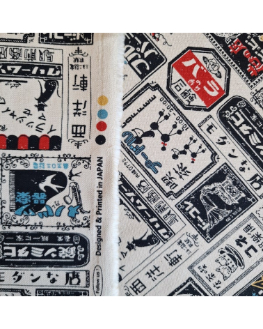 Japanese canvas fabric Retro Labels in natural white. 100% cotton.