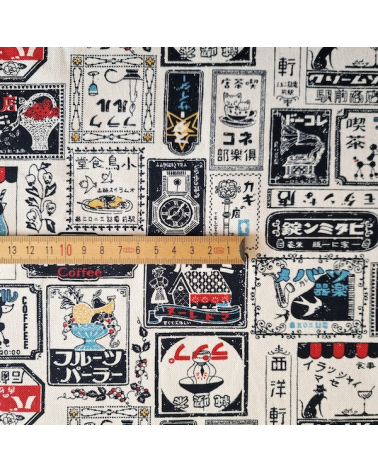 Japanese canvas fabric Retro Labels in natural white. 100% cotton.