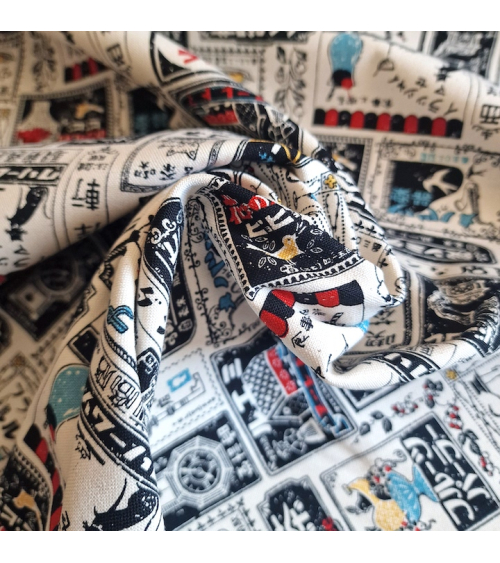Japanese canvas fabric Retro Labels in natural white. 100% cotton.