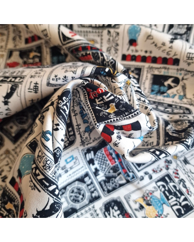 Japanese canvas fabric Retro Labels in natural white. 100% cotton.