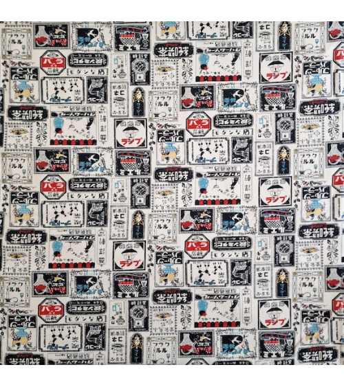 Japanese canvas fabric Retro Labels in natural white. 100% cotton.