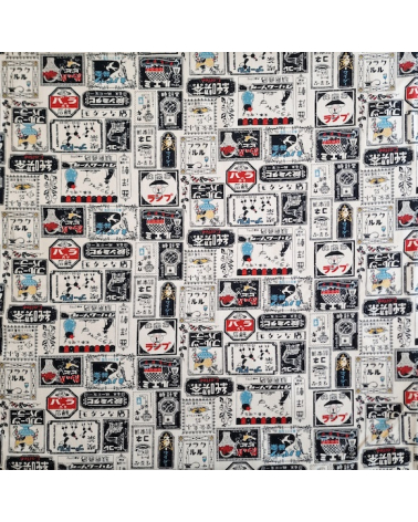 Japanese canvas fabric Retro Labels in natural white. 100% cotton.