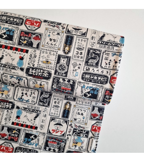 Japanese canvas fabric Retro Labels in natural white. 100% cotton.