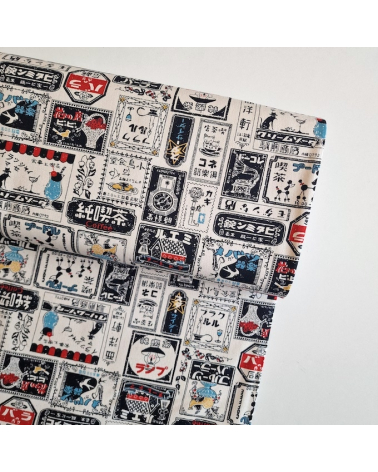 Japanese canvas fabric Retro Labels in natural white. 100% cotton.
