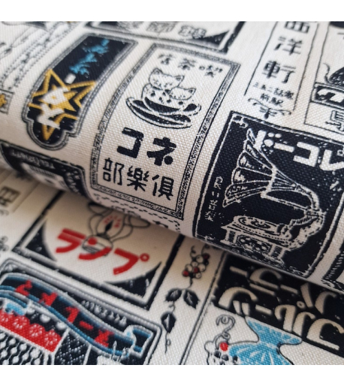 Tela de loneta japonesa Etiquetas Retro en blanco natural. 100% Algodón.