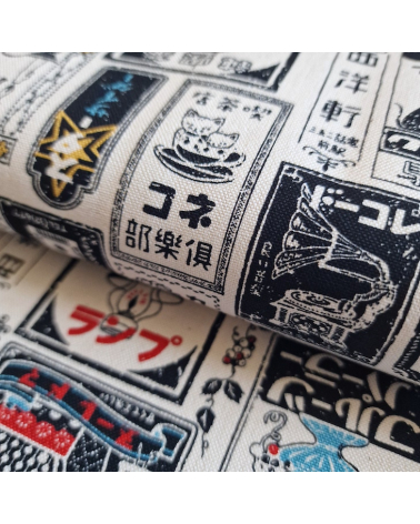 Tela de loneta japonesa Etiquetas Retro en blanco natural. 100% Algodón.