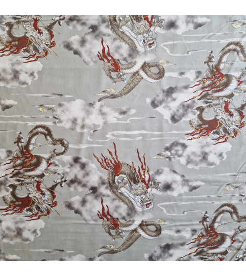 Japanese cotton fabric of dragons and clouds on grey.