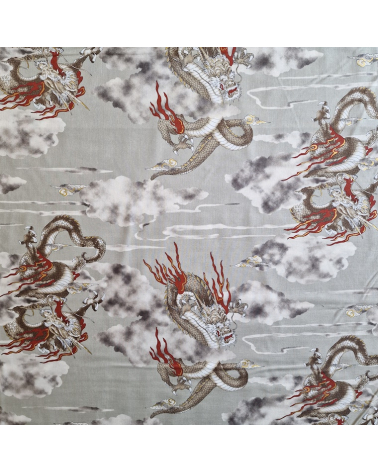 Japanese cotton fabric of dragons and clouds on grey.