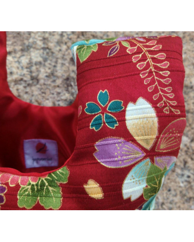 Bolso de mano japonés satin de algodón rojo con temari