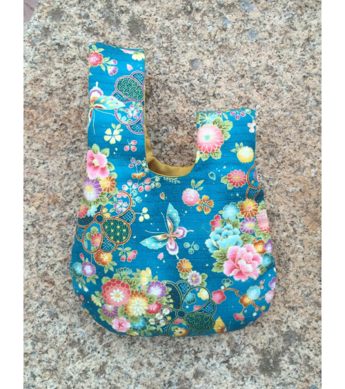 Bolso de mano japonés satin de algodón azul mariposas y flores